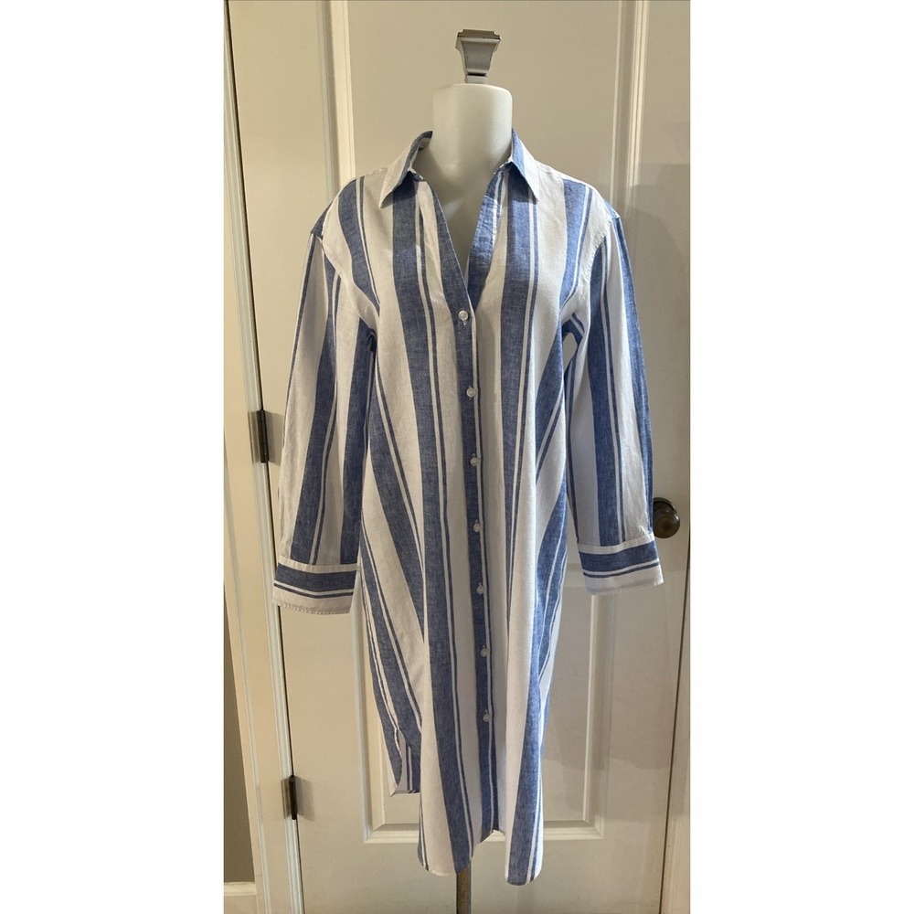 H&M Women's Size M/L Blue White Striped Linen Blend Button Up‎ Shirt Dress